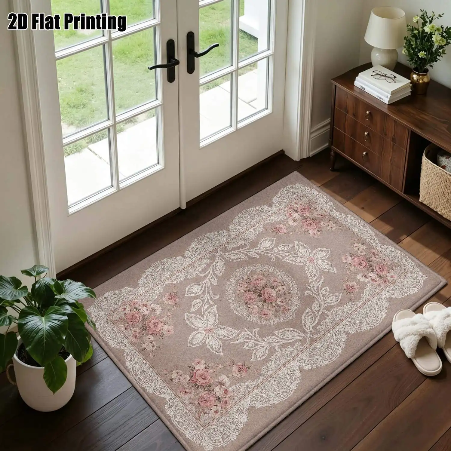 1Pc 2D Printed Carpet: Beige Brown Base & Pink Flower Pattern European Vintage, Instagram-Inspired Minimalist Floor Mat for Home Decor, Available in Multiple Sizes, Machine Washable, Suitable for Living Room, Bedroom, Dining Room, Entryway, Study.