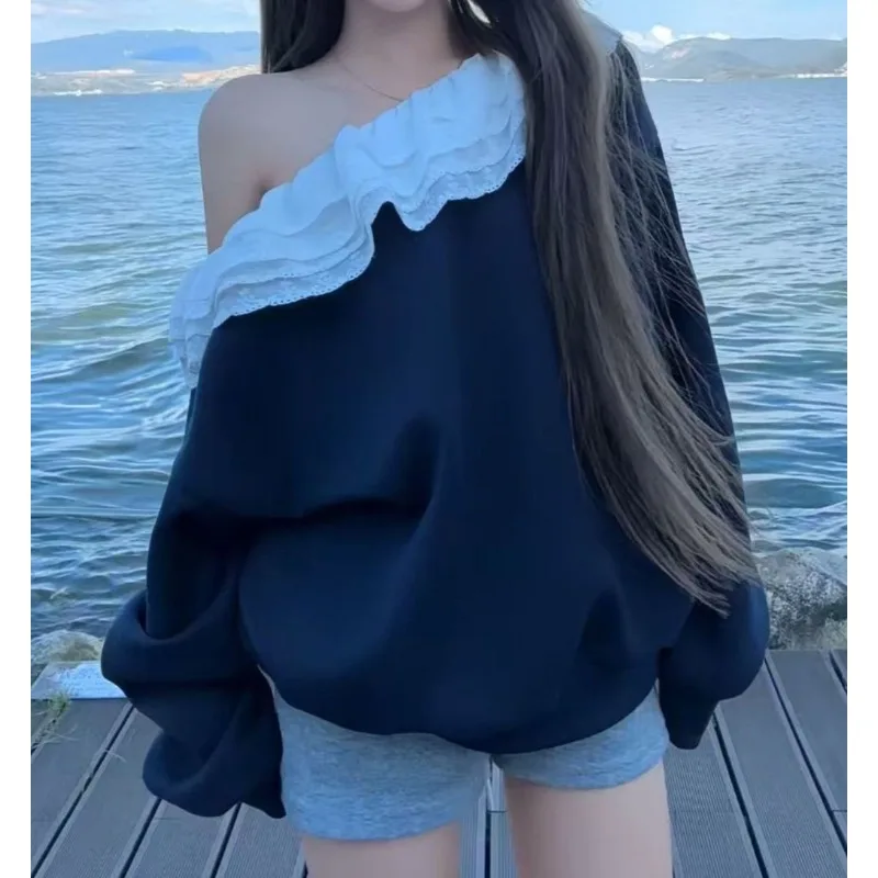 

2025 Autumn/Winter Lace Edging V-Neck Women's Loose-Fitting Multi-Functional Business Casual Long-Sleeved Top