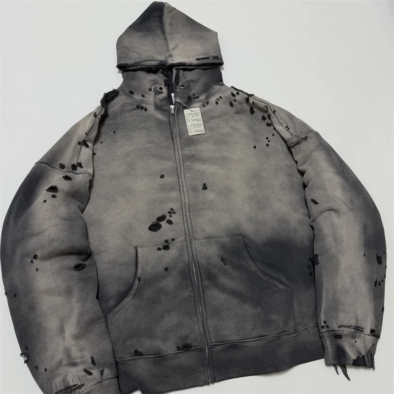 Washed Black SAINT Mxxxxxx Oversized Jacket Men Women 1:1 Best Quality Hole Vintage Heavy Fabric Waffle Zipper Coats