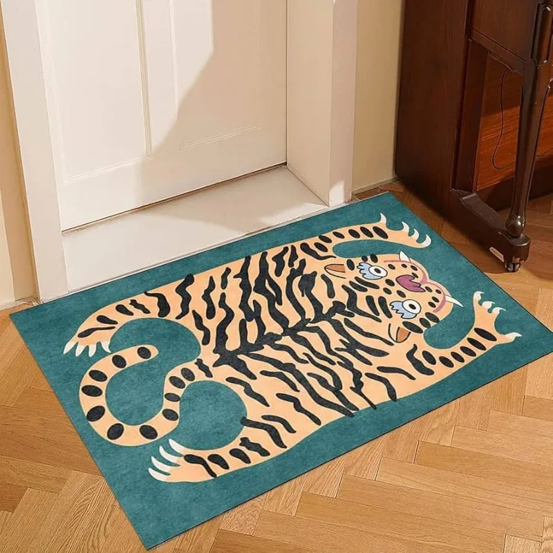 Door Mat Pink Background Tiger & Tropical Palm Leaf Pattern Carpet Non Slip Print Entryway Rug for Boho Home Decoration Door Mat