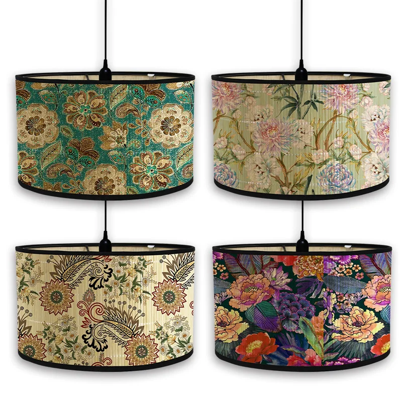 Drum Lamp Shades Vintage Bamboo Lampshade Floral Birds Pattern for Table Floor Lamps Pendant Light Bar Cafe Home Homestay Decor