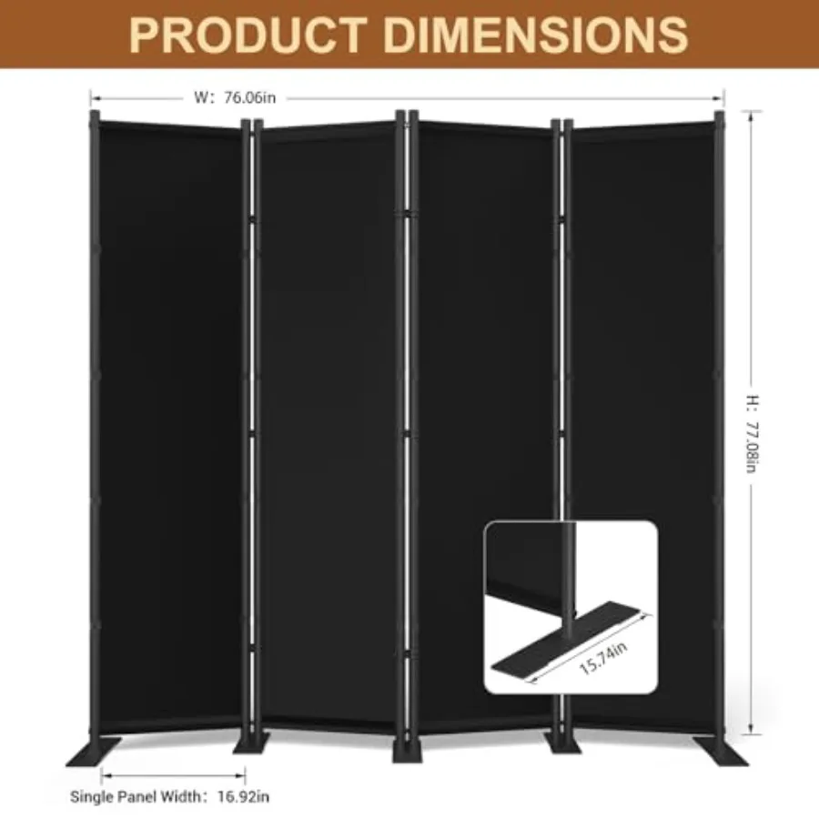 Home office bedroom 4-panel freestanding folding privacy screen, black MDF panels, sleek black finish, portable and stable desi
