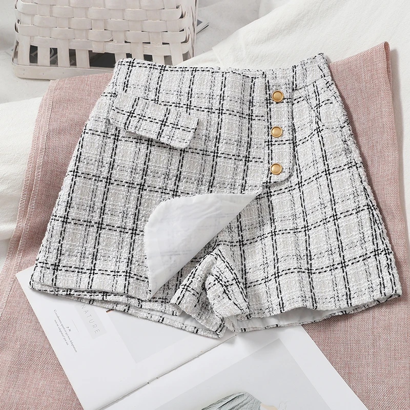 ITOOLIN Women Irregular Tweed Shorts Spring Plaid Buttons Shorts A-line Wide Leg Skirts For Women High Waist Skirts 2023