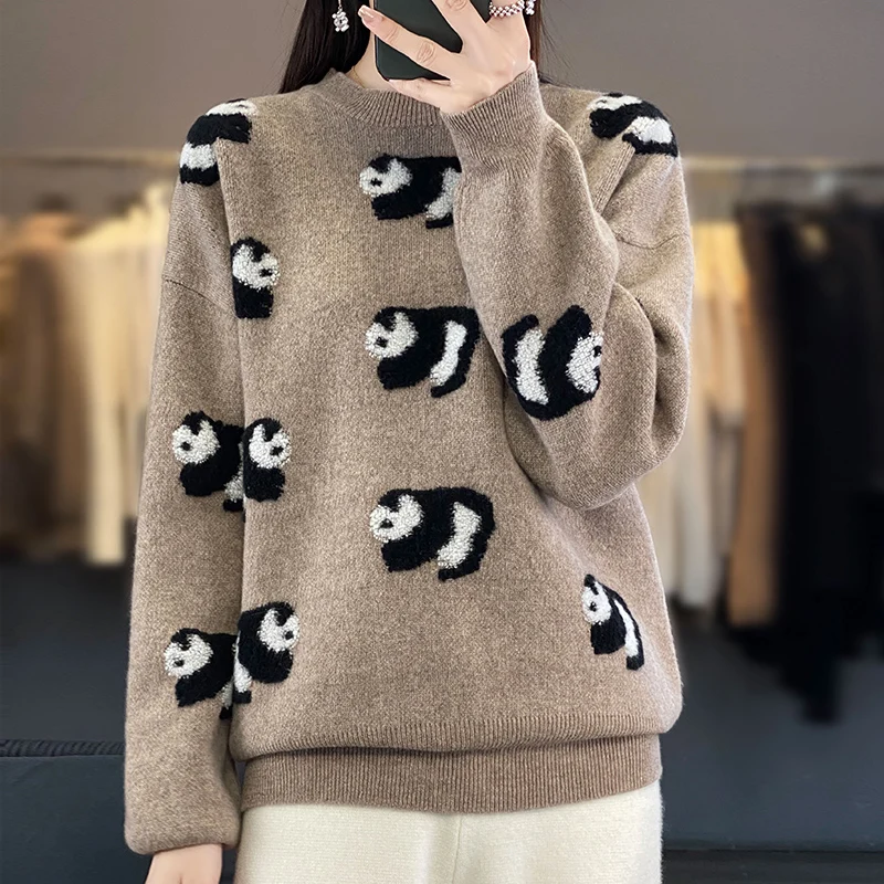 Autumn and Winter Female Cashmere Sweater O-neck Knit Bottom Sweater Cute National Treasure Panda Pullover Heavy Recommendation