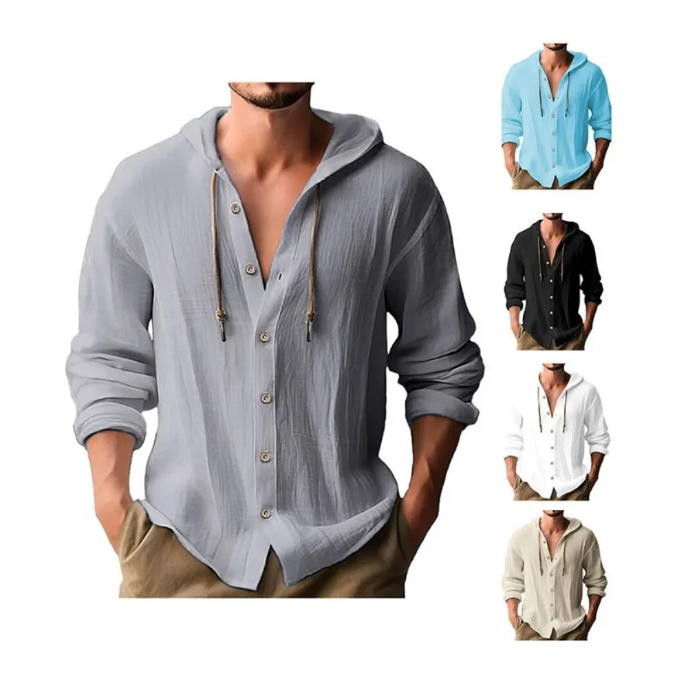 Men's Cotton Shirts Long Sleeve Hooded Cardigan T-shirt Men's Blouse Summer Autumn Sweatshirts Hawaiian Beach Shirts
