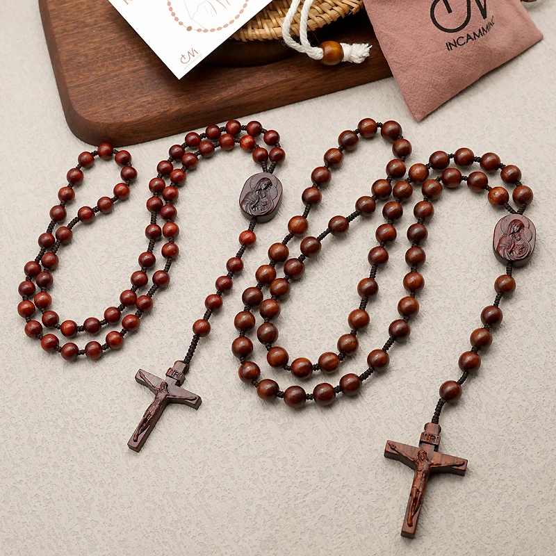 Religion Rosewood Beads Rosary Cross Necklace For Women Men Christian Virgin Mary Cross Wood Pendant Chain Fashion Jewelry 8MM