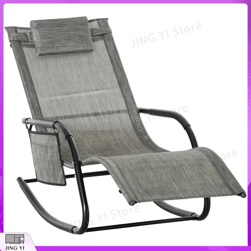 Outdoor Rocking Chair Patio Sun Lounger with Breathable Mesh Fabric Removable Headrest Pillow Garden Furniture