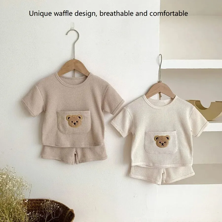 2024 Summer Baby Clothing Set Baby Casual Homewear Set Waffle Bear Te and Shorts 2 Pcs Suits for Baby Boys Girls