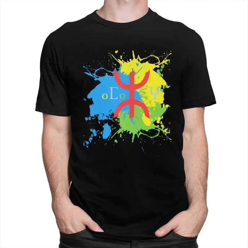 Amazigh Flag Splash Art Design Tshirt for Men Short Sleeves Leisure T Shirt Berber Proud Tifinagh T-shirts Pure Cotton Tee