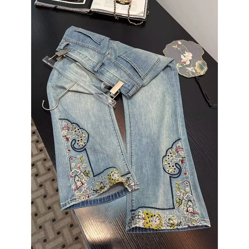 Chinese-style Embroidered Flared Jeans for Women in Summer, Thin and Plus-size, Loose and Slimming Straight-leg Wide-leg Pants