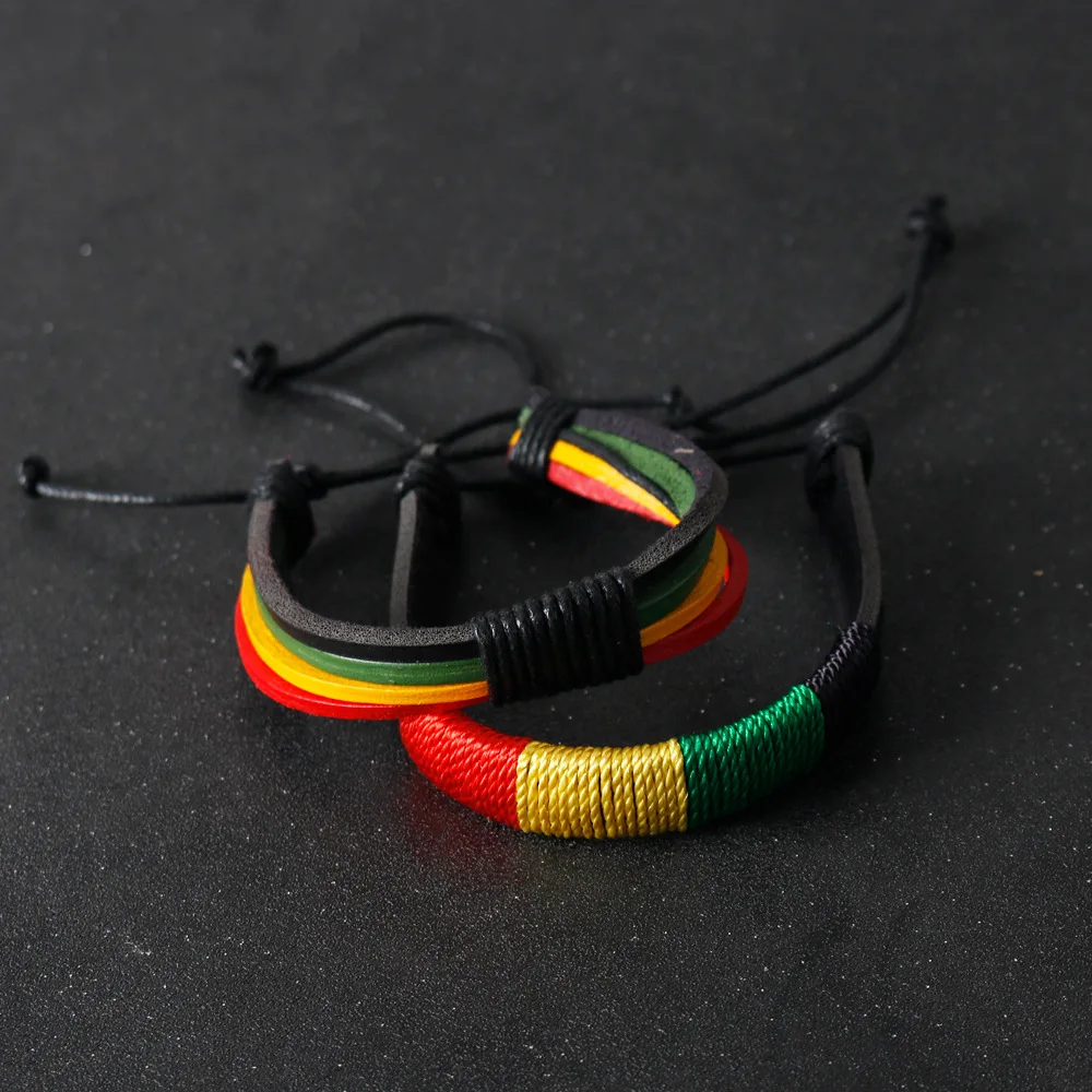 Jamaica Reggae braided leather bracelets multilayer adjustable red yellow green weave Wristband Punk Hiphop Jewelry accessories