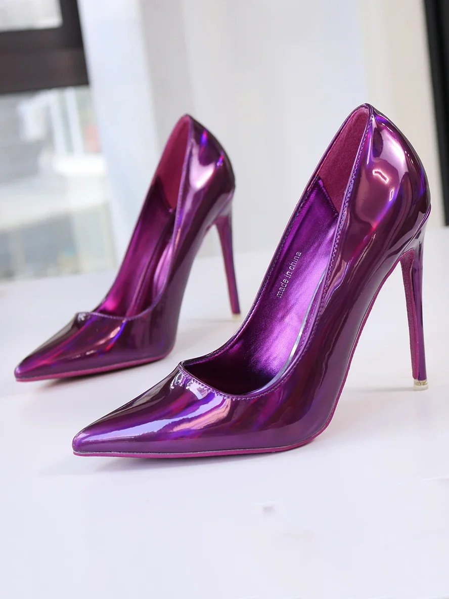 

New purple laser patent leather pointed high heels with thin heels, shallow mouth, sexy cross dressing, plus size 12CM
