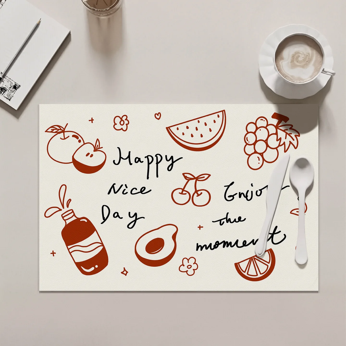 Hand-drawn Pattern Heat Resistant Placemat Oil-Proof Waterproof PU Leather Dining Room Table Mat Kitchen Tableware INS Style Mat