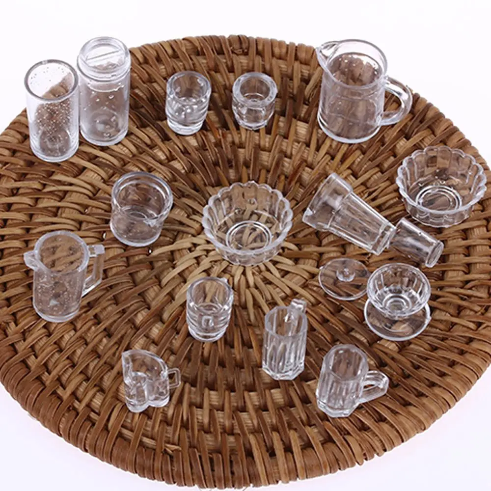 15Pcs/Set 1:12 Dollhouse Mini Transparent DIY Pretend Play Kitchenware Toy Drink Cups Dish Tableware Miniatures Kids Toys