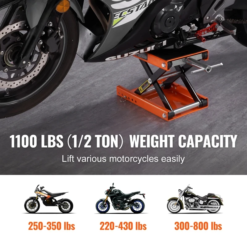 VEVOR Motorcycle Lift 350/1100/1500 LBS Capacity Motorcycle Scissor Lift Jack with Wide Deck & Safety Pin for Bikes Motorcycles