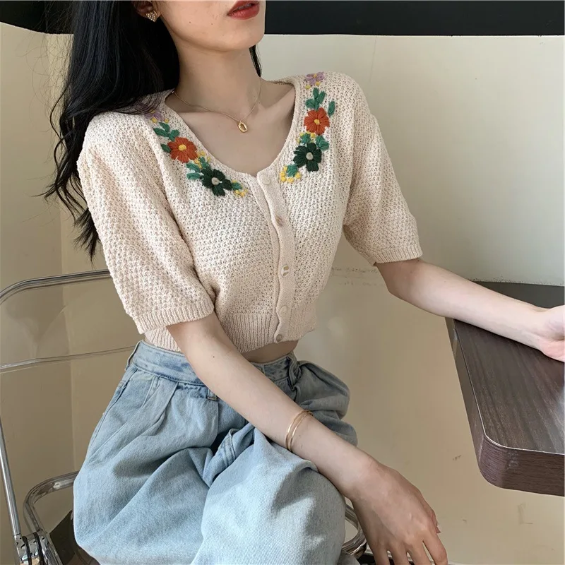 New Korean Style Cropped Sweater Women Vintage Oversize Knit Tie Fllowers Female Spring Summer Short Sleeve V-neck Cardigan Tops