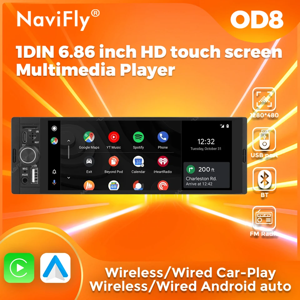NaviFly 6.86'' 1Din 자동차 라디오 멀티미디어 플레이어 MP5 FM 라디오 무선/유선 Carplay 안드로이드 자동 자동차 스테레오 1 din 1280*480