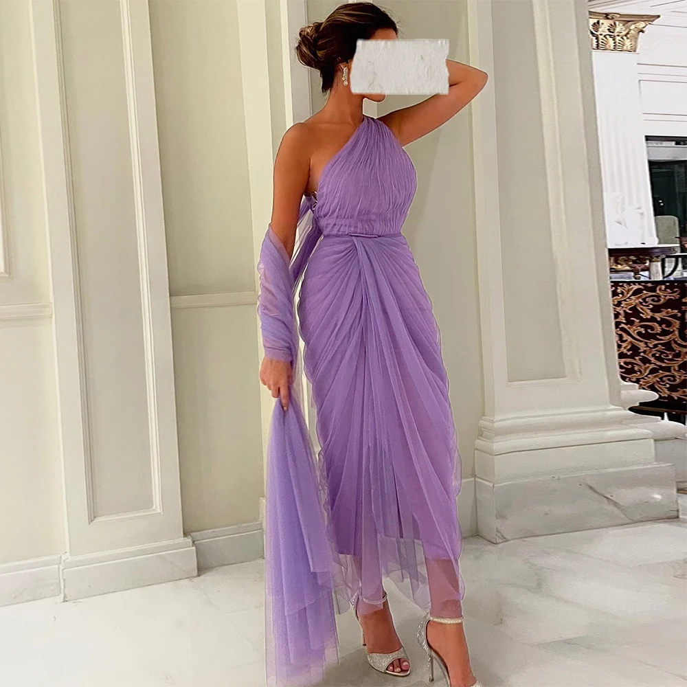 

Purple One Shoulder Tulle Formal Evening Dress Saudi Arabia Pleats Sexy Backless Ankle Length Prom Gowns Wedding Party Dresses