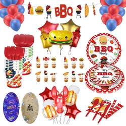 Vajilla desechable para fiesta temática de barbacoa, platos de papel, tazas, globos, conjunto de decoración de cumpleaños, suministros para barbacoa al aire libre, langosta de cerveza