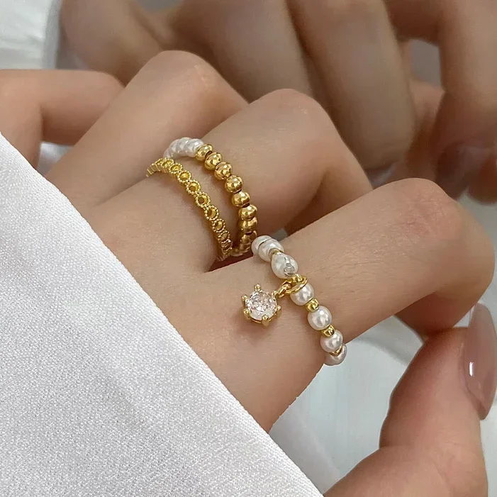 

Real 925 Sterling Silver Pearl Zircon Bead Round Rings for Women Adjustable Fine Jewelry Minimalist Trendy Accessories