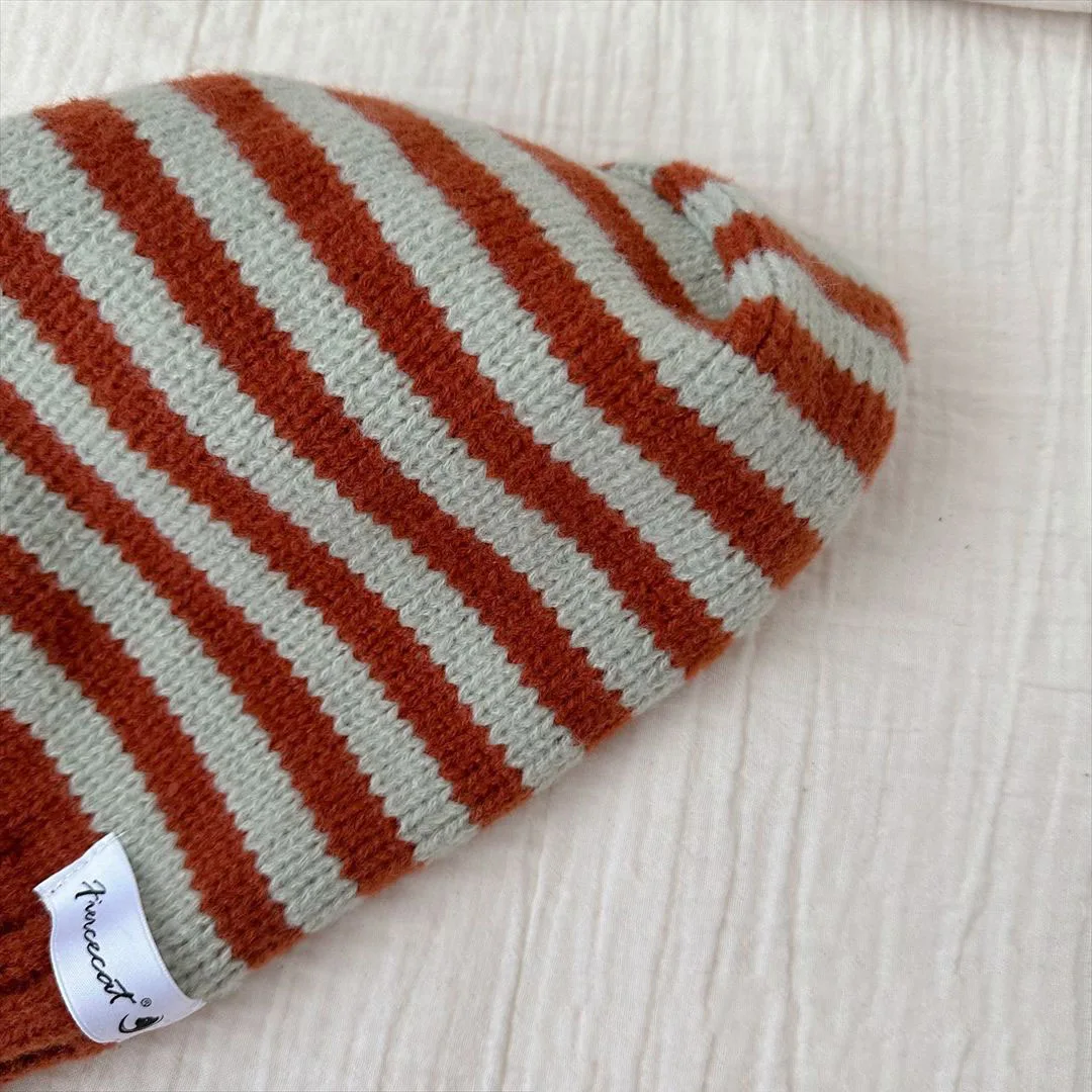 2024 Striped Kids Knitted Hat Children\'s Wool Pullover Cap For Boys Girls\' Warm Neck Protection Knitted Hat Korea Style