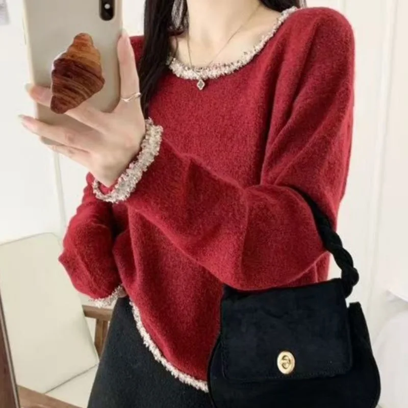 

Spring Plus Size Chubby Girl Loose Base Sweater Top Trend Women's Lace Collar Round Neck Pullover Knitted Sweater for