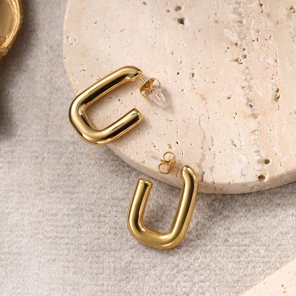 18K Gold Plated U Shaped Hoop Earrings Stainless Steel Chunky Rectangle Geometric Open Hoops Loop Earring Jewelry For Women view 4