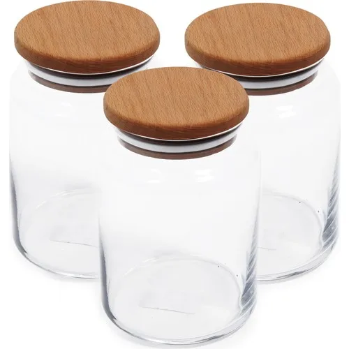 Berry 3'lü Glass Jar With Wood Lid 890CC