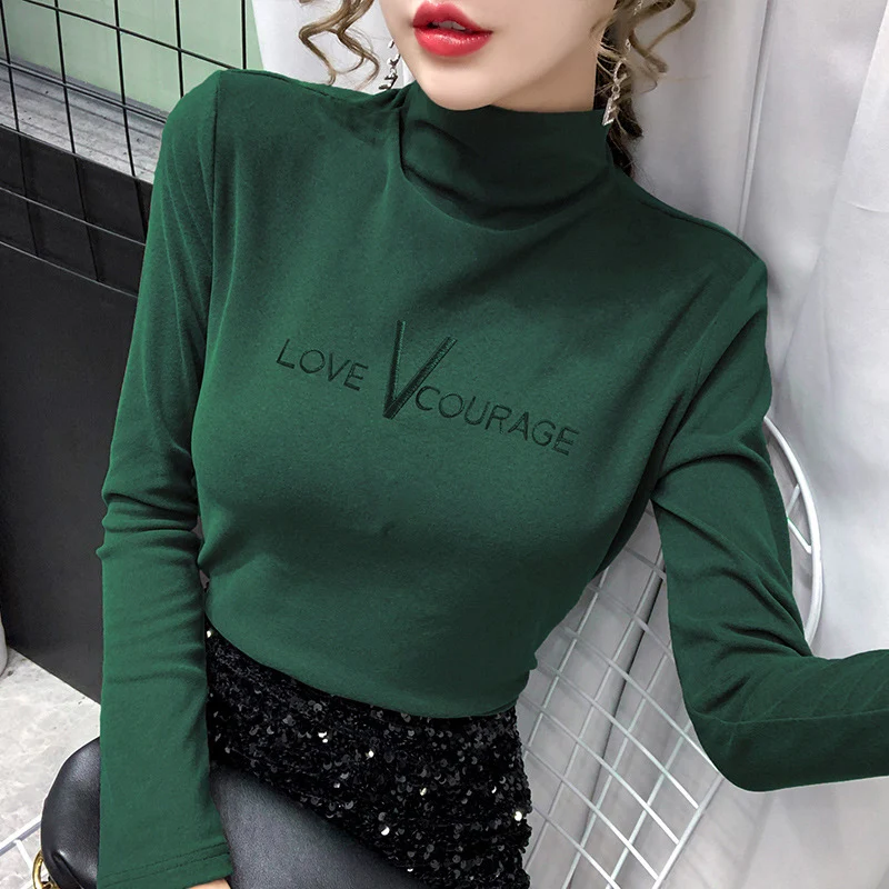 autumn winter velvet half turtleneck Long Sleeve letter print T Shirt Women Harajuku Casual loose Thick warm base T-shirt Female