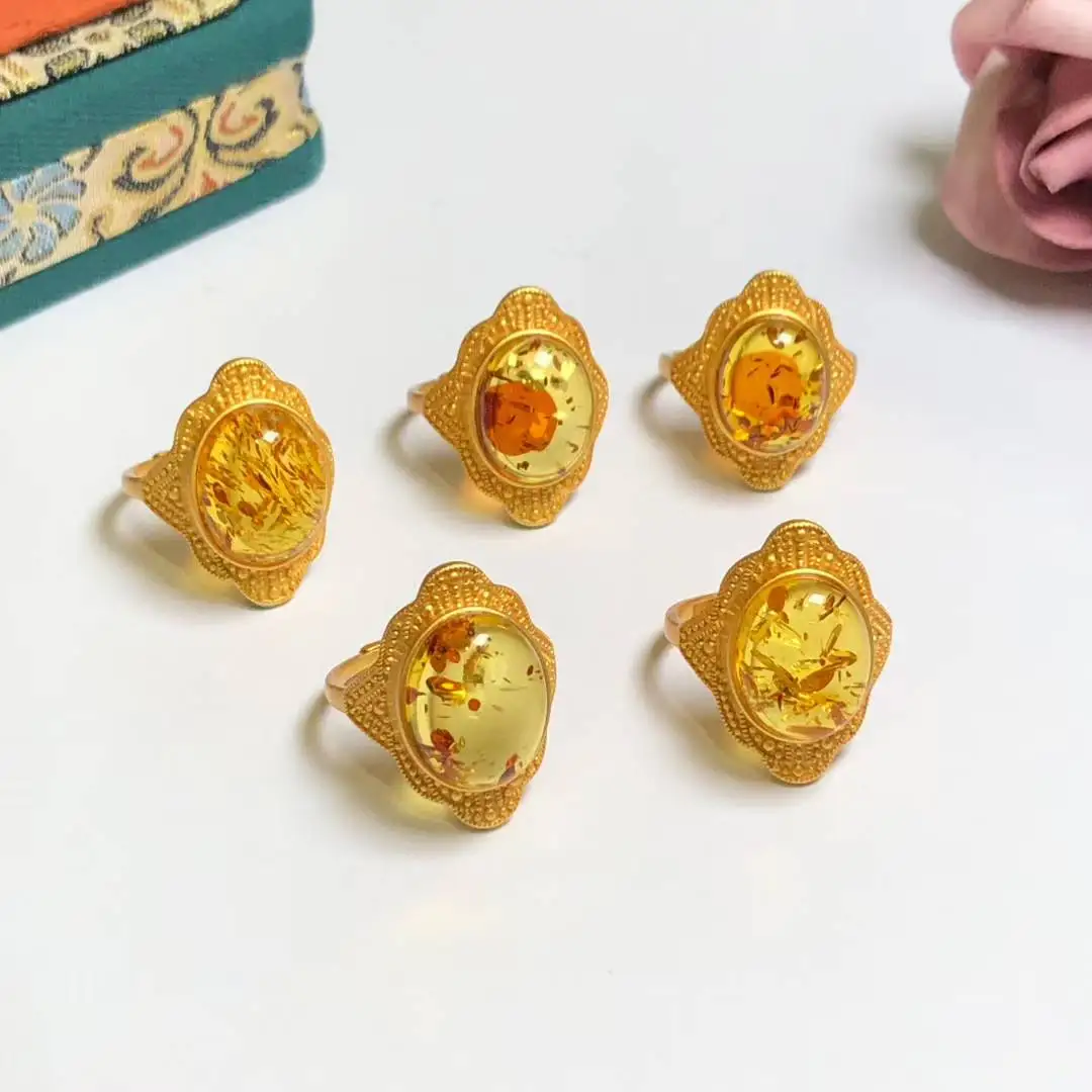 

Certificated Unisex 925 Silver Set Natural Baltic Yellow Amber Chunky Statement Ring For Women Men Wholesale Real Amber Jewelry