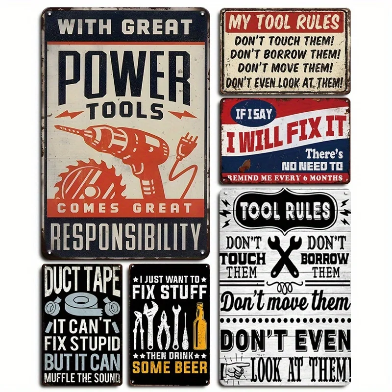 2D Flat 6pcs Vintage Workshop Tool Rules Metal Tin Sign Funny Mechanic Quote Retro Iron Plaque Garage Man Cave Wall Decor