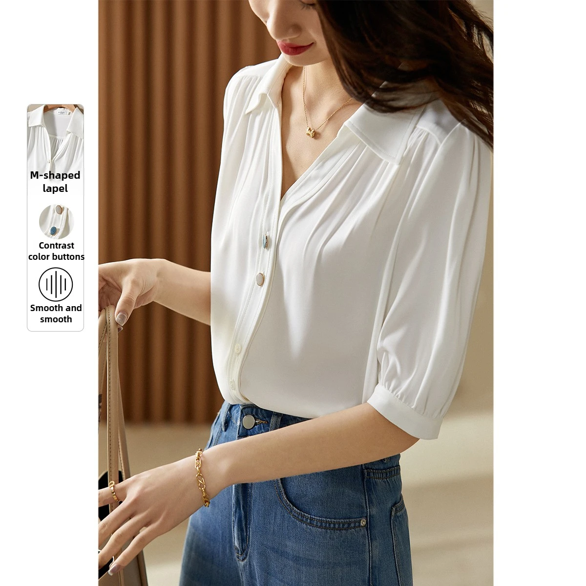 SENTUBILA 여성 출퇴근 셔츠 2025 여름 패션 턴다운 칼라 반소매 블라우스 화이트 여성 탑 122C42188