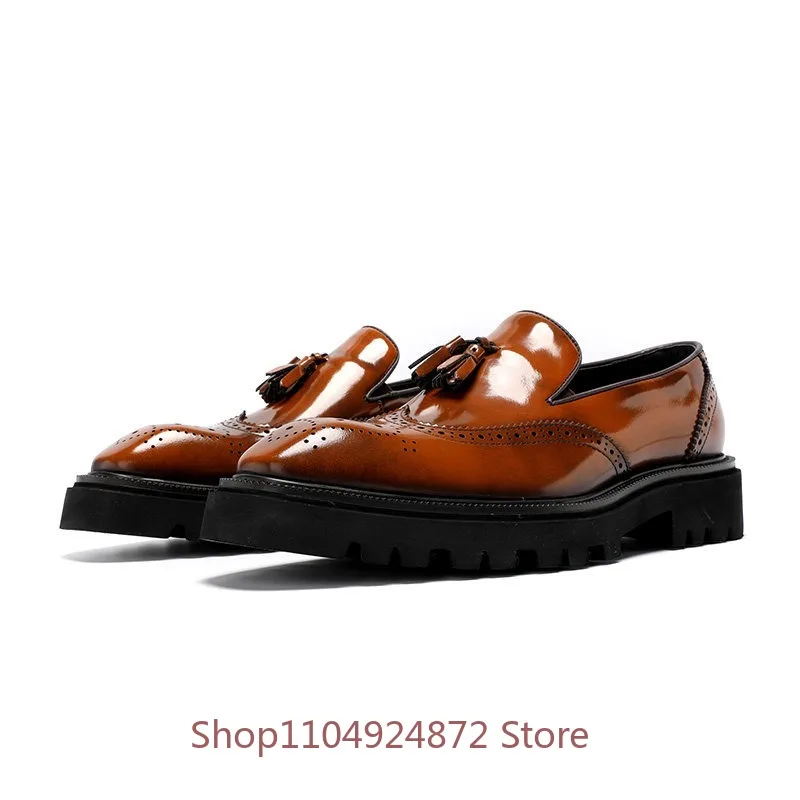 

Luxury High-end Loafers Men's Genuine Leather Thick Sole Breathable Slip on Tassel Brogue Dress Business Casual Oxfords Male