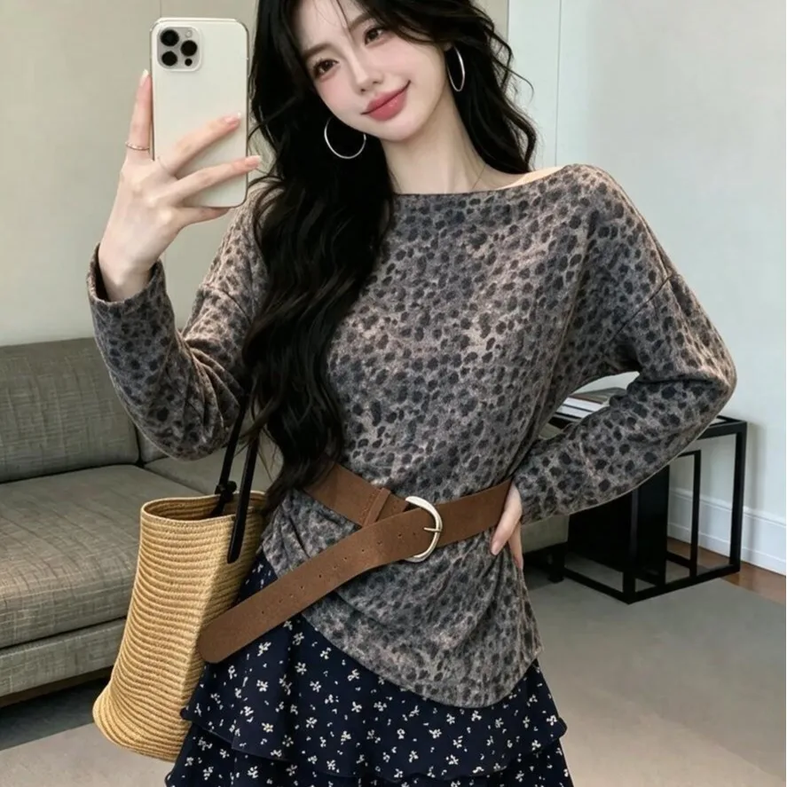 Fashionable Leopard Print Shoulder Bared Long Sleeve T Shirt with Waist Cinching Belt And Belt Loop for Women Autumn 2026