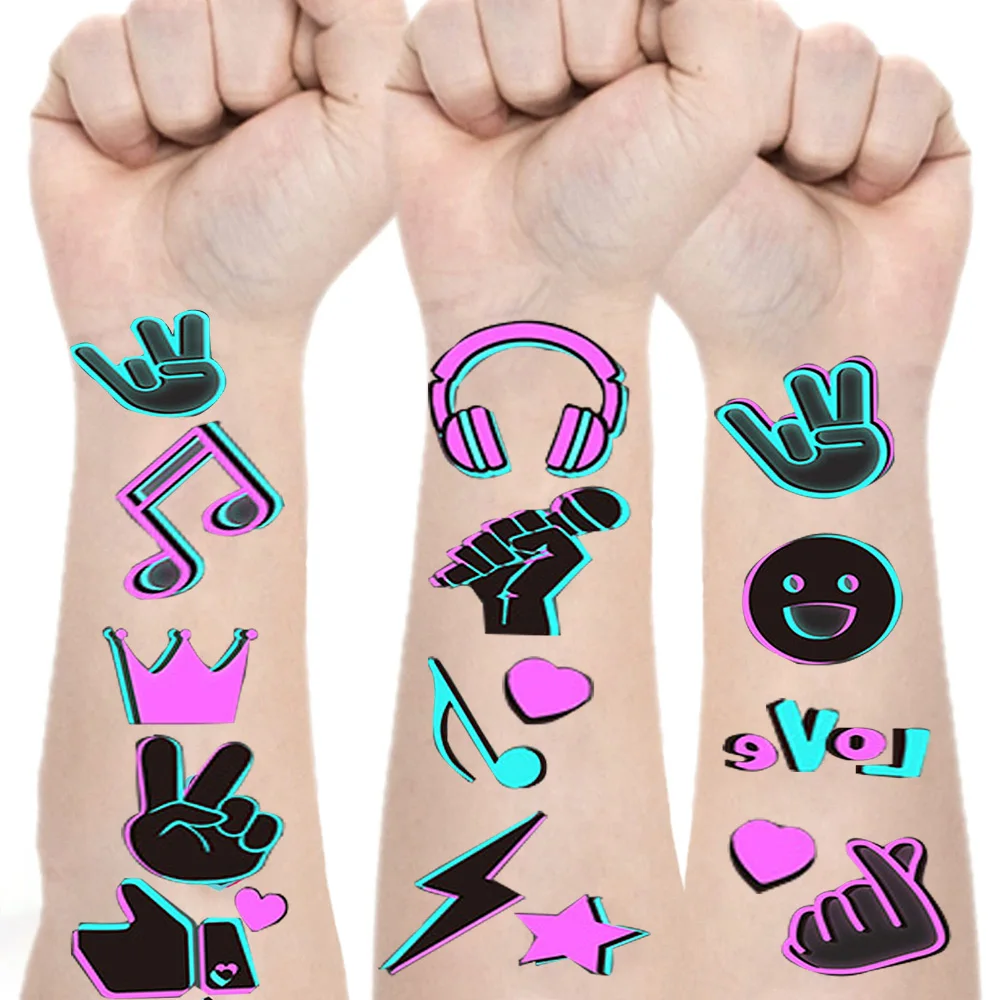 Glow In The Dark Music Temporary Tattoos Stickers Mixed Style Hand Wrist Body Art Kids Boys Girls Birthday Gifts Disco Party