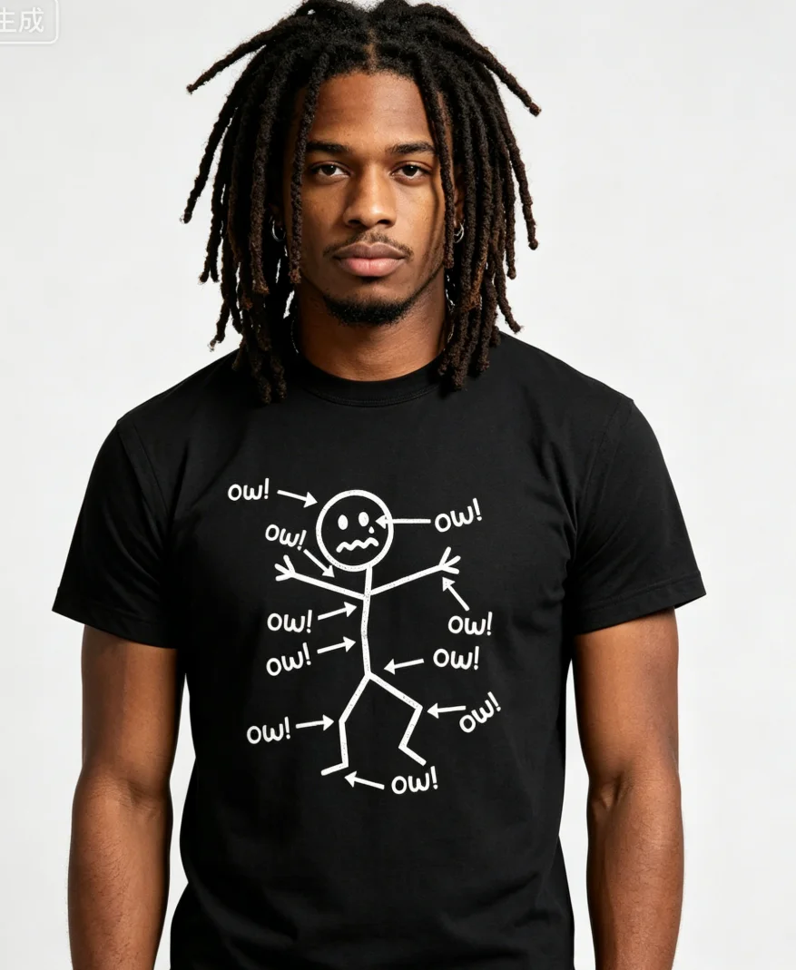 Camiseta divertida con diseño de figura de palitos “Ow” – Camiseta gráfica sárdastica con humor del dolor, estilo vintage japonés de cangrejo, para entusiastas de los gatos