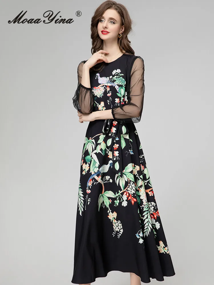 MoaaYina Spring Fashion Designer Vintage Floral Print Dress Women Lantern Sleeve Diamond Frenulum Gathered Waist Slim Long Dress