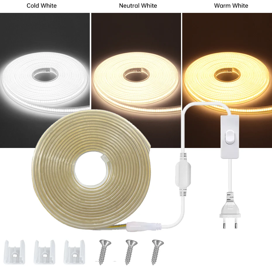 

Super Bright 220V COB LED Strip Light 288LEDs/m IP65 Waterproof with EU/AU Switch Plug CW/WW/NW for Home Room Lighting Decor