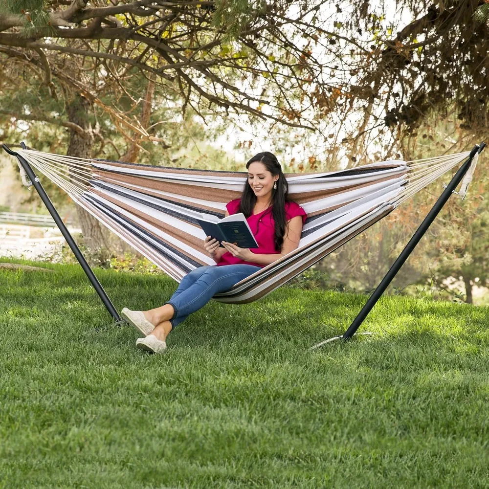 

Double Hammock with Steel Stand, Indoor Outdoor Brazilian-Style Cotton Bed w/Carrying Bag, 2-Person Capacity - Desert Stripes