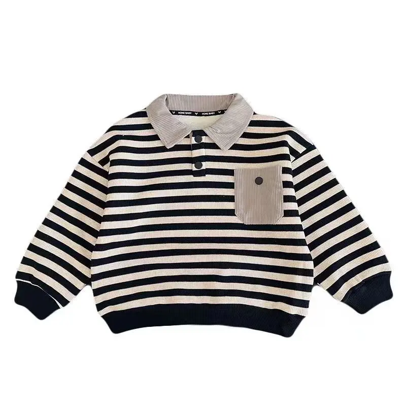 

Fashion Baby Girl Boy Striped Sweater Long Sleeved POLO Shirt Winter Toddler Child One Piece Velvet Top Pullover Baby Clothes