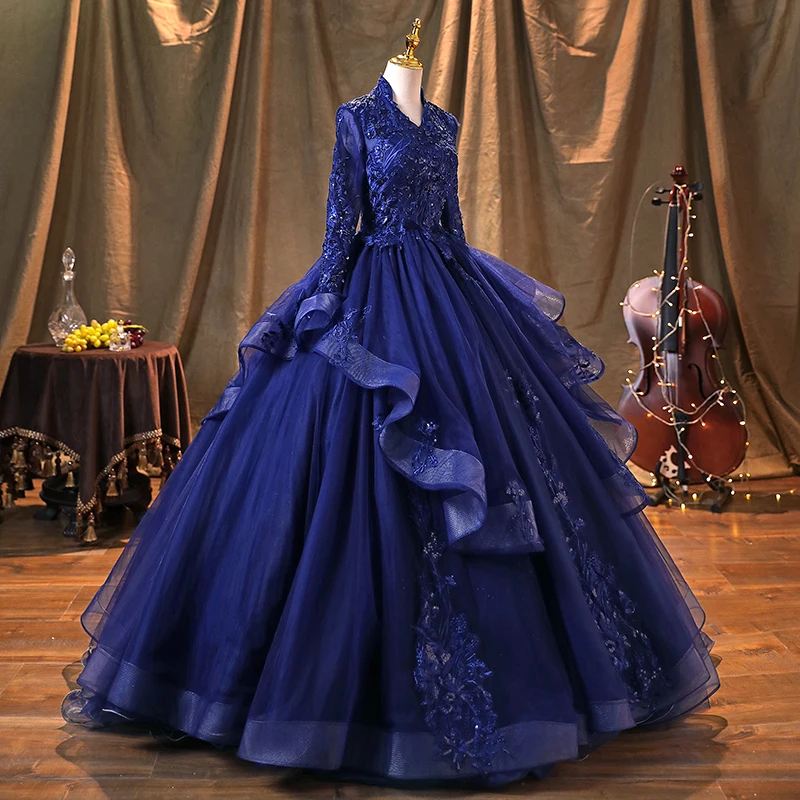 AnXin SH – robe de soirée en dentelle bleu marine, tenue princesse vintage, à manches longues, col en v, avec perles et cristaux, à volants, pour fête sur scène