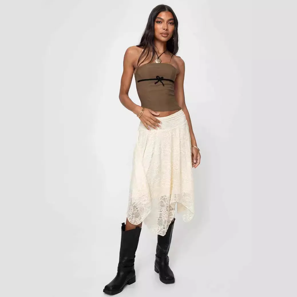 

ONE TO WAN Women's Solid Color Midi Skirts Lace Elastic High Waist Skirts Spring Summer Sweet Irregular Hem Casual Skirts