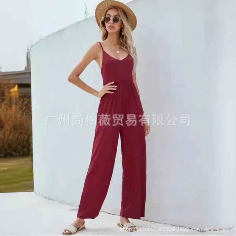 Spring Women's Solid Color Suspender Wide Leg Sexy Jumpsuit Women's Clothing
