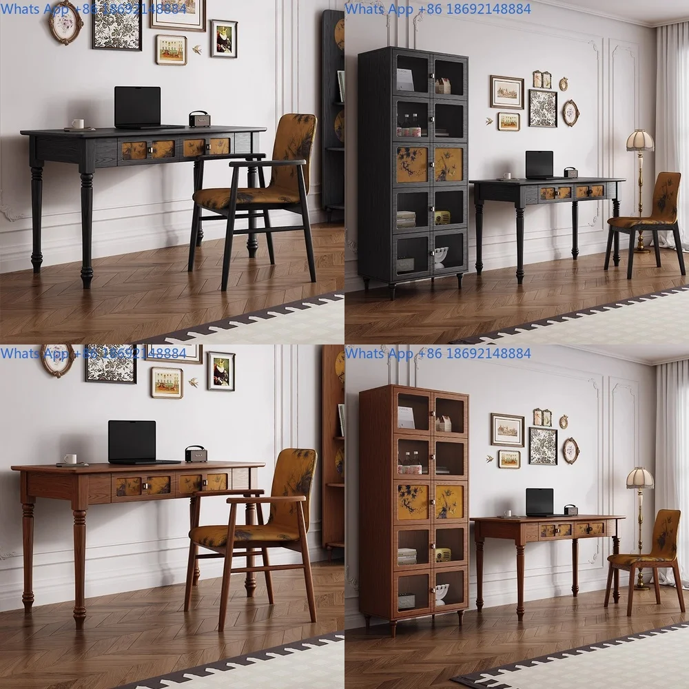 French style vintage computer desk with black dressing table combined writing desk American white wax wood solid legs study