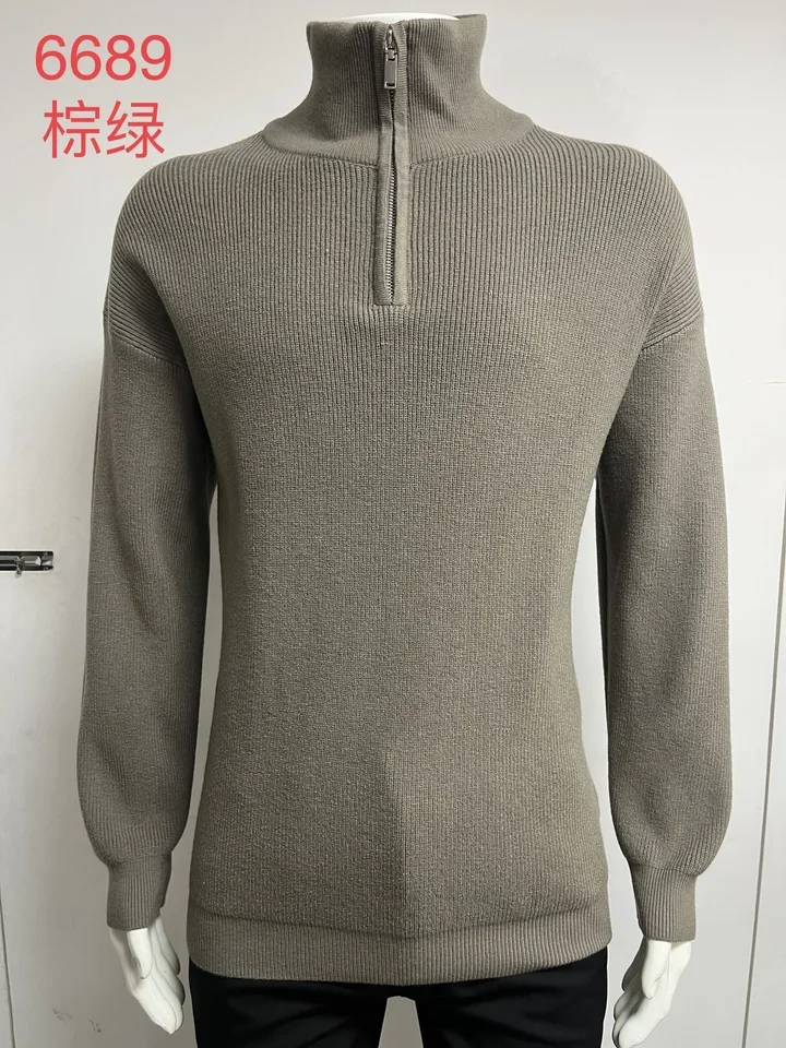 Men's Solid Color Turtleneck Casual Trendy Long Sleeve Knitted Sweaters New Fashion Male Simple Basic Half Zipper Pullovers Tops