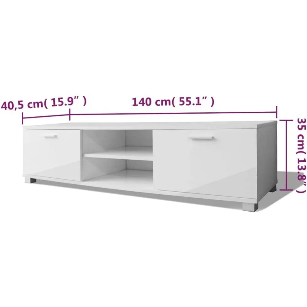 خزانة تلفزيون بيضاء أنيقة عالية اللمعان 55.1X15.9X13.8 بوصة MDF لتخزين ألعاب غرفة المعيشة هاي فاي مع رفين وإدارة الكابلات