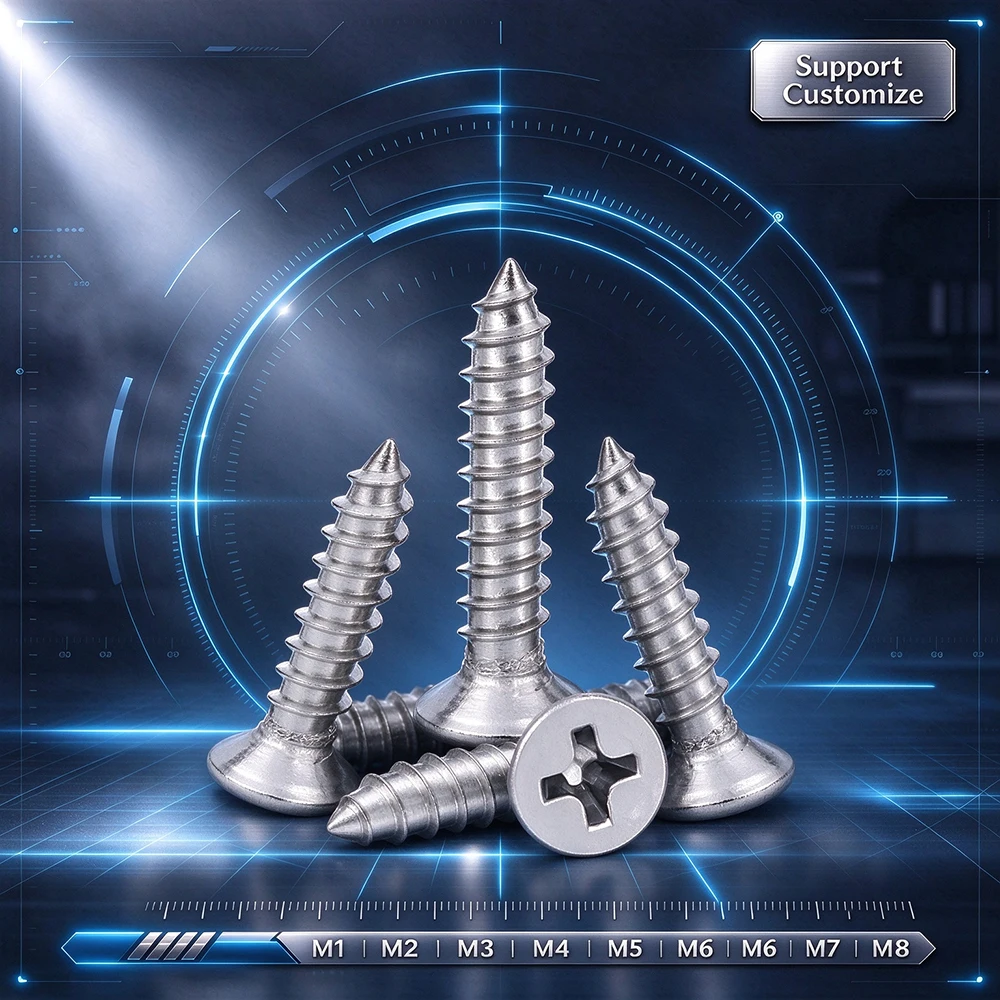 304 Stainless Steel Cross Countersunk Flat Head Self Tapping Wood Screws M1-M8, 10-50Pcs, Support Customize ﻿