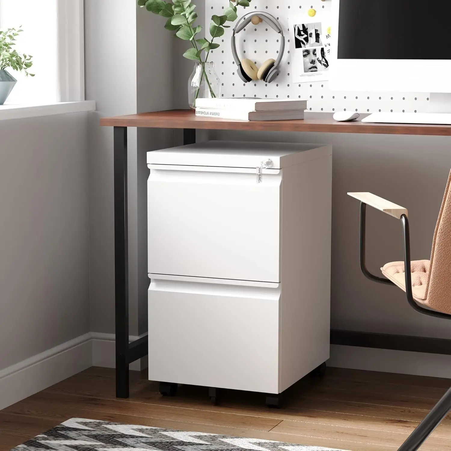 2 Drawer Mobile File Cabinet with Lock Metal Under Desk Home Office Organizer Letters Legal A4 Fully Assembled White, Customized