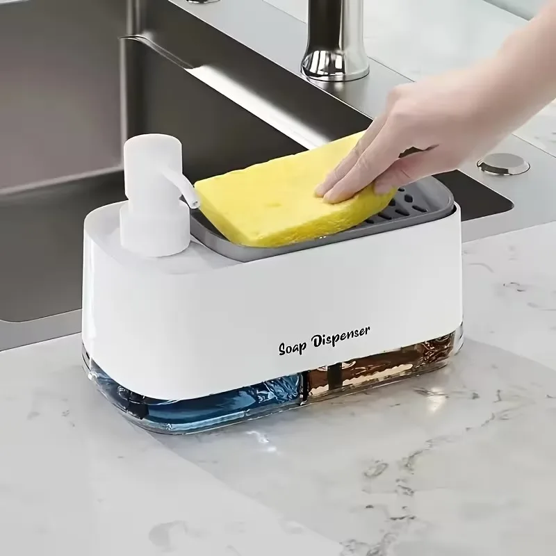 

Efficient Kitchen Cleaning Dual Pump Soap Dispenser with Integrated Sponge Caddy 3 in 1 Countertop Set for Sink Organization