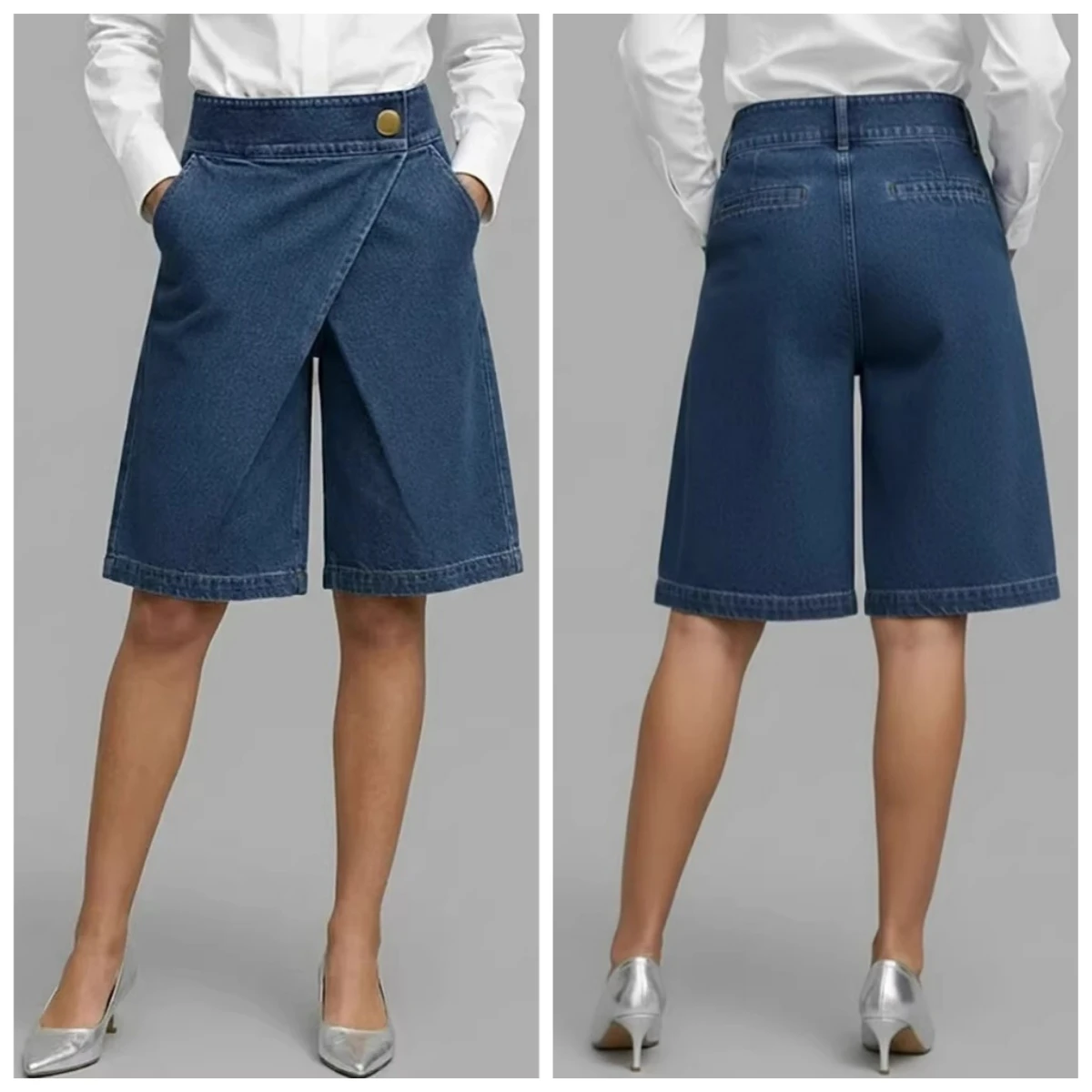 Stretchy Denim Bermuda Shorts for Women,High Waisted Personalized Design Knee Length Jeans Shorts,Baggy Loose Short with Pockets
